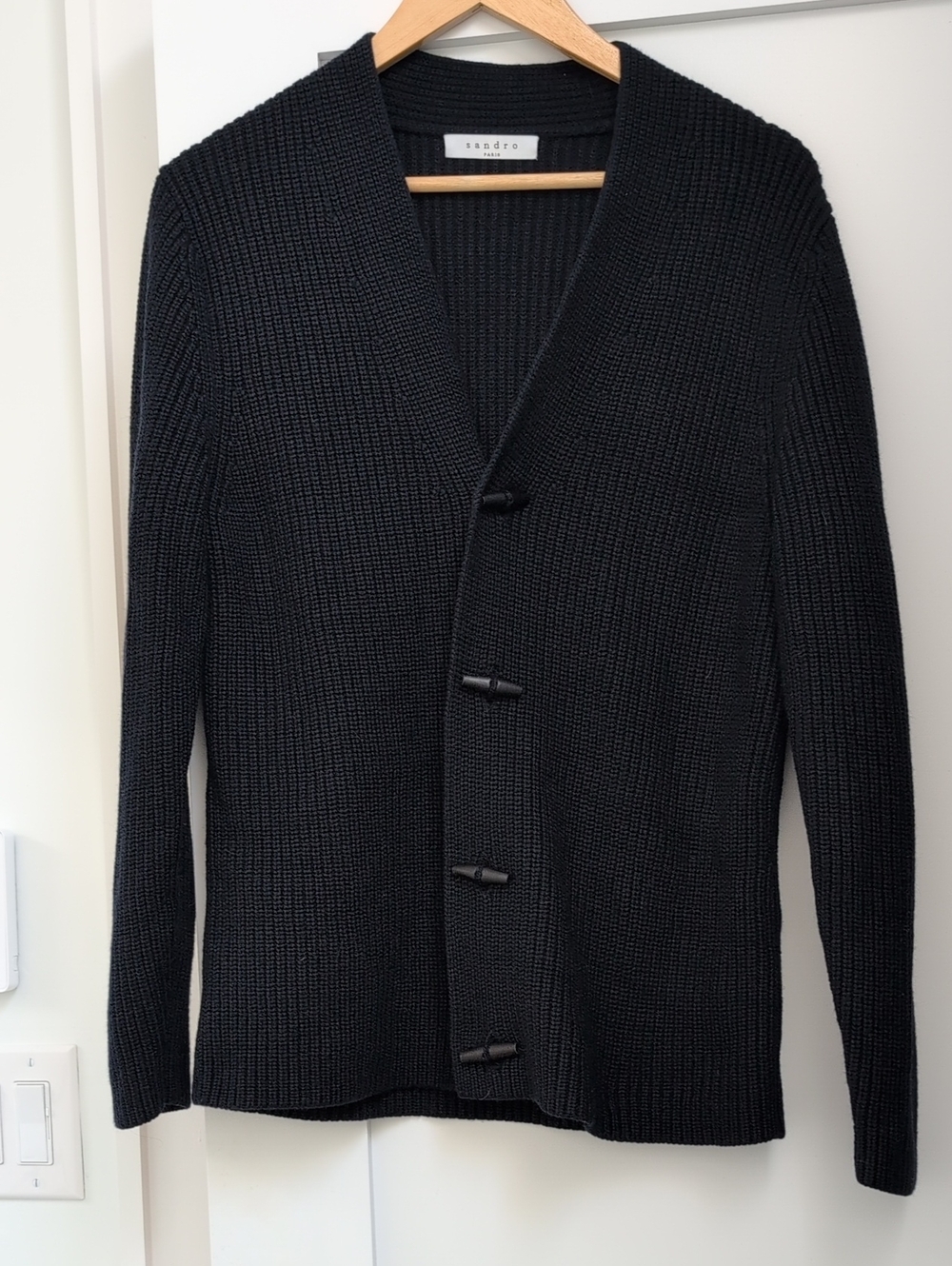 Sandro Paris Navy Ribbed Shawl-Collar Cardigan